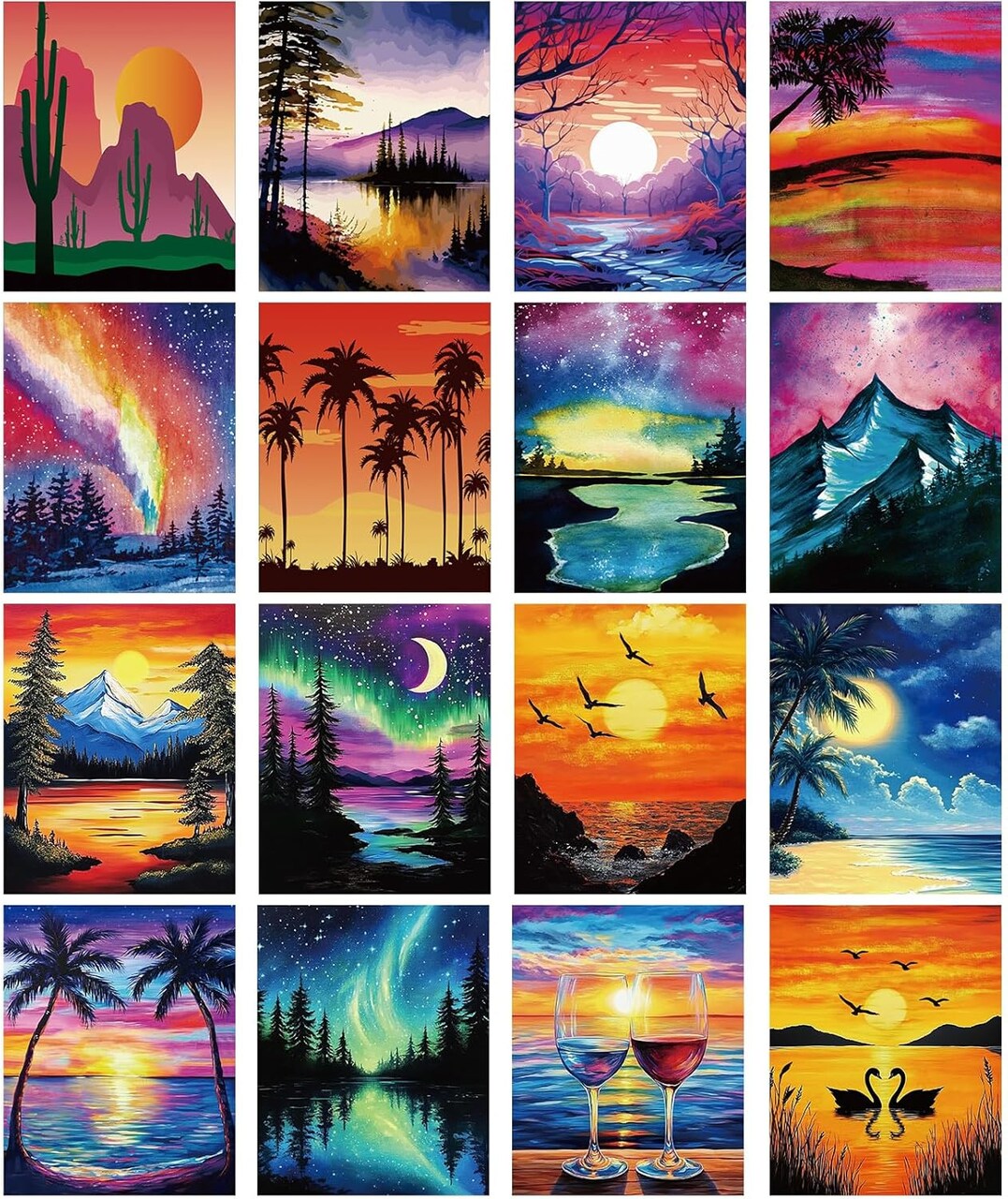 16-Piece Pre-Drawn Sunset Landscape Canvas Set, 8" x 10" Stretched Printed Canvases for Adults, Sip & Paint DIY Art Kit for Artists, Christmas Parties & Adult Date Nights
